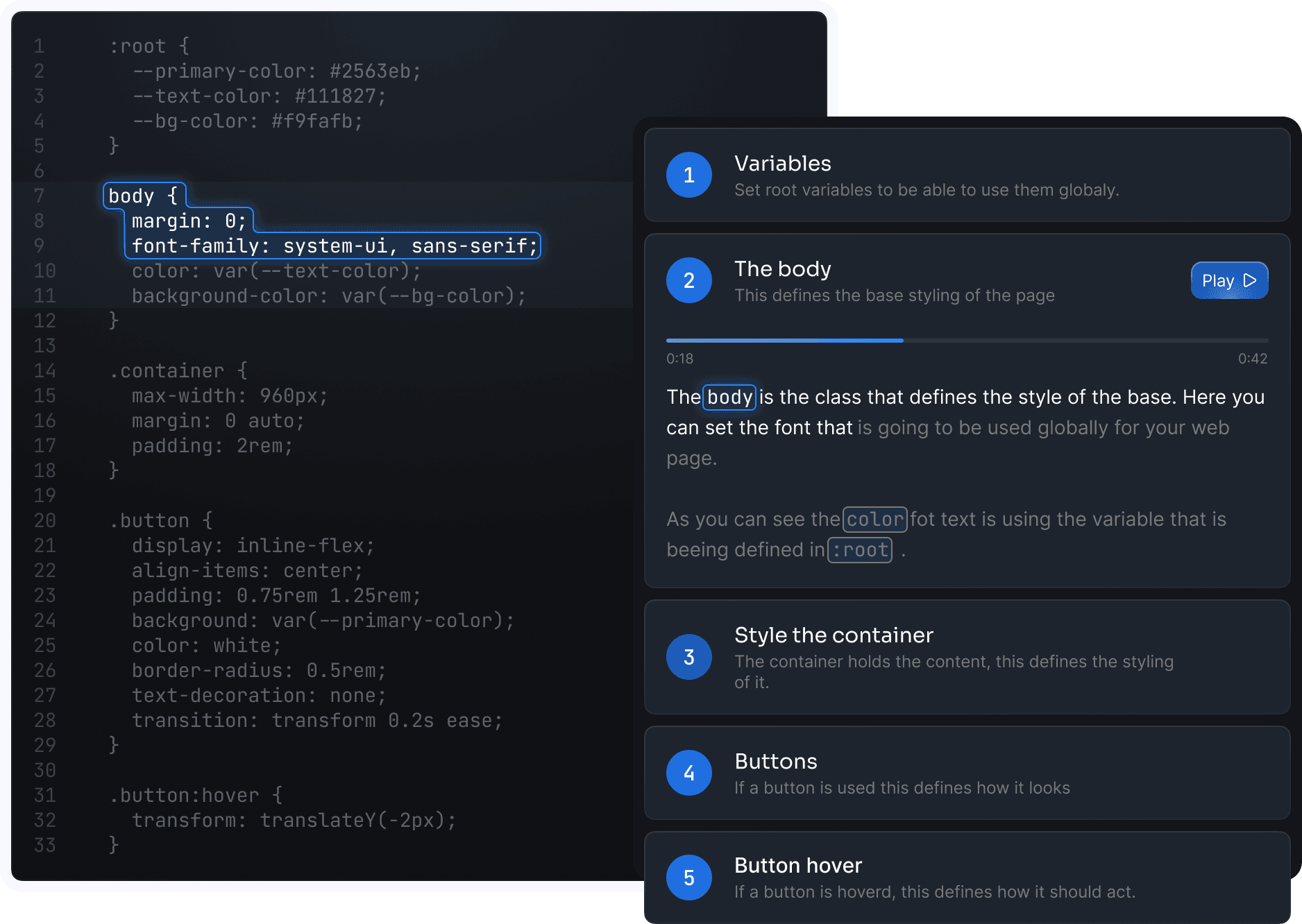 CodeSense demo showing code editor with step-by-step explanations